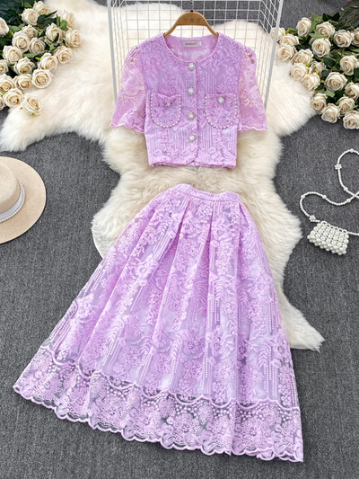 Nyári koreai kis illatú csipke szett kétrészes öltöny csipke kampós virág rövid ujjú ing felsők Midi szoknya női ruhák