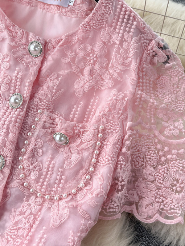 Nyári koreai kis illatú csipke szett kétrészes öltöny csipke kampós virág rövid ujjú ing felsők Midi szoknya női ruhák