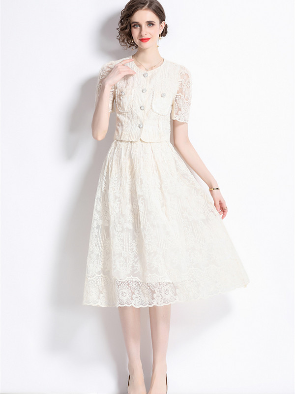 Nyári koreai kis illatú csipke szett kétrészes öltöny csipke kampós virág rövid ujjú ing felsők Midi szoknya női ruhák