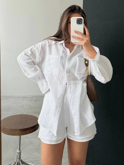 Hétköznapi laza női nyári pamut öltöny, 100% hosszú ujjú, kétrészes szett női tréningruha ing és rövidnadrág nőknek 2024