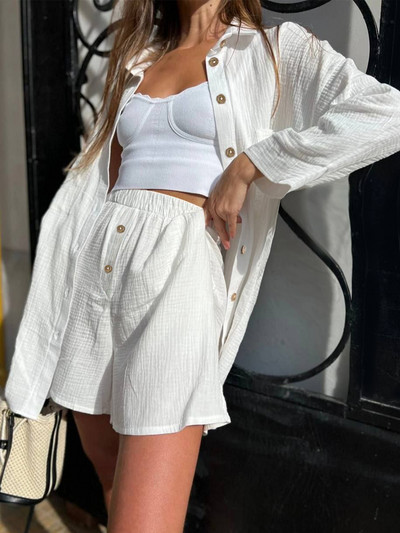 Hétköznapi laza női nyári pamut öltöny, 100% hosszú ujjú, kétrészes szett női tréningruha ing és rövidnadrág nőknek 2024