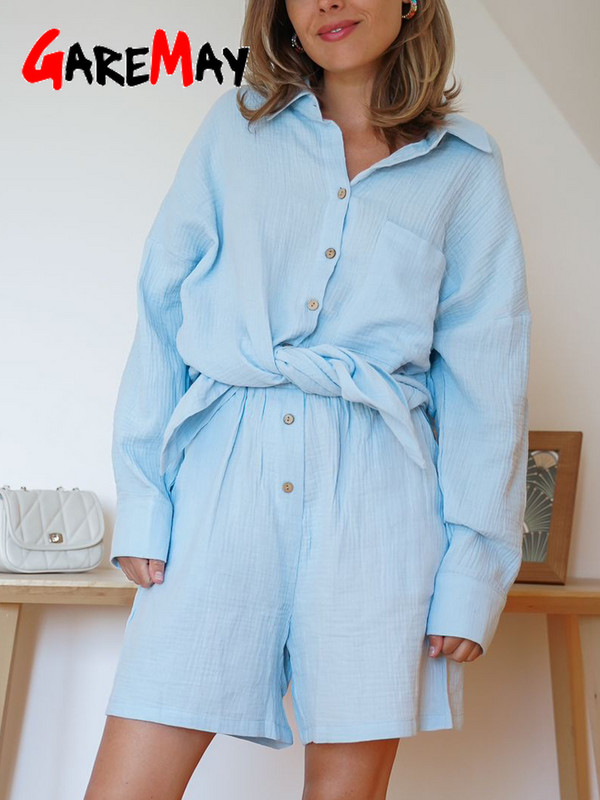 Hétköznapi laza női nyári pamut öltöny, 100% hosszú ujjú, kétrészes szett női tréningruha ing és rövidnadrág nőknek 2024