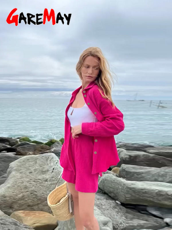 Hétköznapi laza női nyári pamut öltöny, 100% hosszú ujjú, kétrészes szett női tréningruha ing és rövidnadrág nőknek 2024