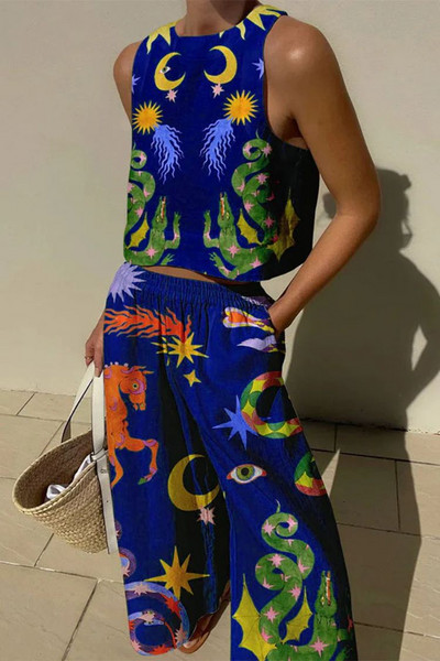 2024. G. JAUNS Sieviešu apdrukas uzvalks bez piedurknēm, apgriezts tops, brīvas garās bikses, 2 dab. komplekts Sieviešu pavasara vasaras Havaju salu ikdienas tērpi