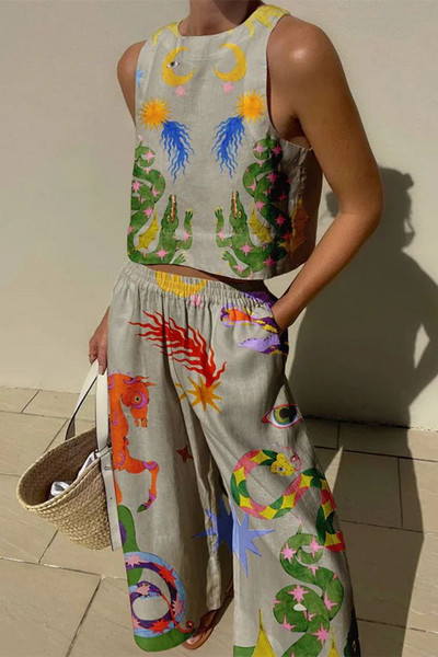 2024. G. JAUNS Sieviešu apdrukas uzvalks bez piedurknēm, apgriezts tops, brīvas garās bikses, 2 dab. komplekts Sieviešu pavasara vasaras Havaju salu ikdienas tērpi