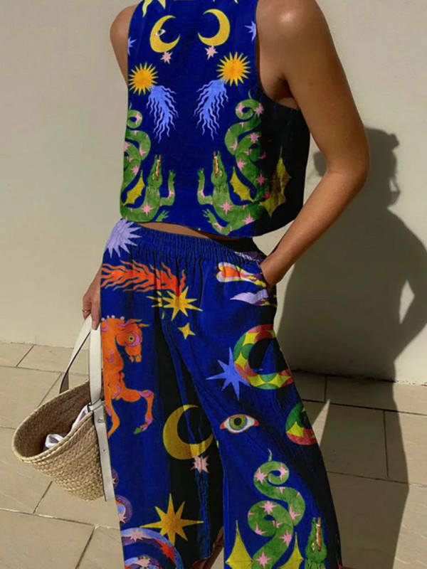 2024. G. JAUNS Sieviešu apdrukas uzvalks bez piedurknēm, apgriezts tops, brīvas garās bikses, 2 dab. komplekts Sieviešu pavasara vasaras Havaju salu ikdienas tērpi