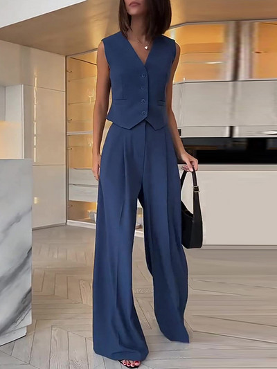 Kék, széles szárú nadrág irodai öltöny nőknek 2024 tavaszi V-nyakú ujjatlan mellény kétrészes szett nadrágkosztüm női tréningruha