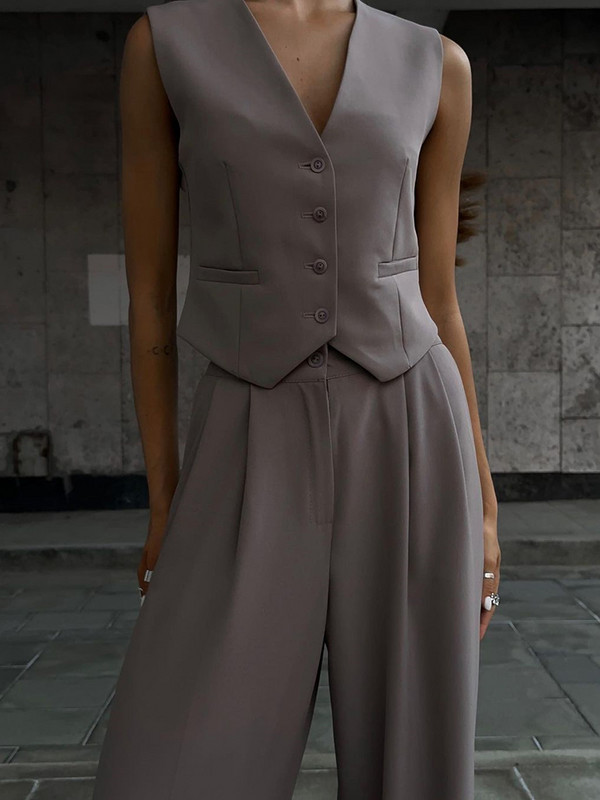 Kék, széles szárú nadrág irodai öltöny nőknek 2024 tavaszi V-nyakú ujjatlan mellény kétrészes szett nadrágkosztüm női tréningruha