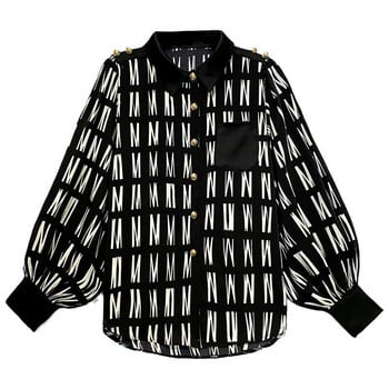 Модна шифонена риза с щампа с букви Дамско облекло 2023 Пролет Ежедневни фенери Свободни блузи с дълги ръкави и копчета
