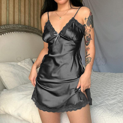 Nyomtatás Virág Chemise Hálóruha Hálóruha Rövid nyári Szexi Spaghetti Sling Háziruha Szatén csipke Patchwork Női hálóing