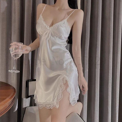 Nyomtatás Virág Chemise Hálóruha Hálóruha Rövid nyári Szexi Spaghetti Sling Háziruha Szatén csipke Patchwork Női hálóing