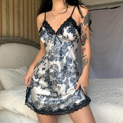 Nyomtatás Virág Chemise Hálóruha Hálóruha Rövid nyári Szexi Spaghetti Sling Háziruha Szatén csipke Patchwork Női hálóing