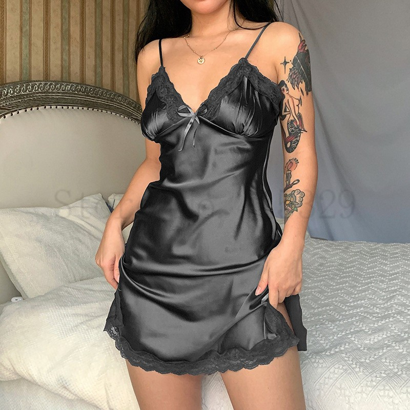 Nyomtatás Virág Chemise Hálóruha Hálóruha Rövid nyári Szexi Spaghetti Sling Háziruha Szatén csipke Patchwork Női hálóing