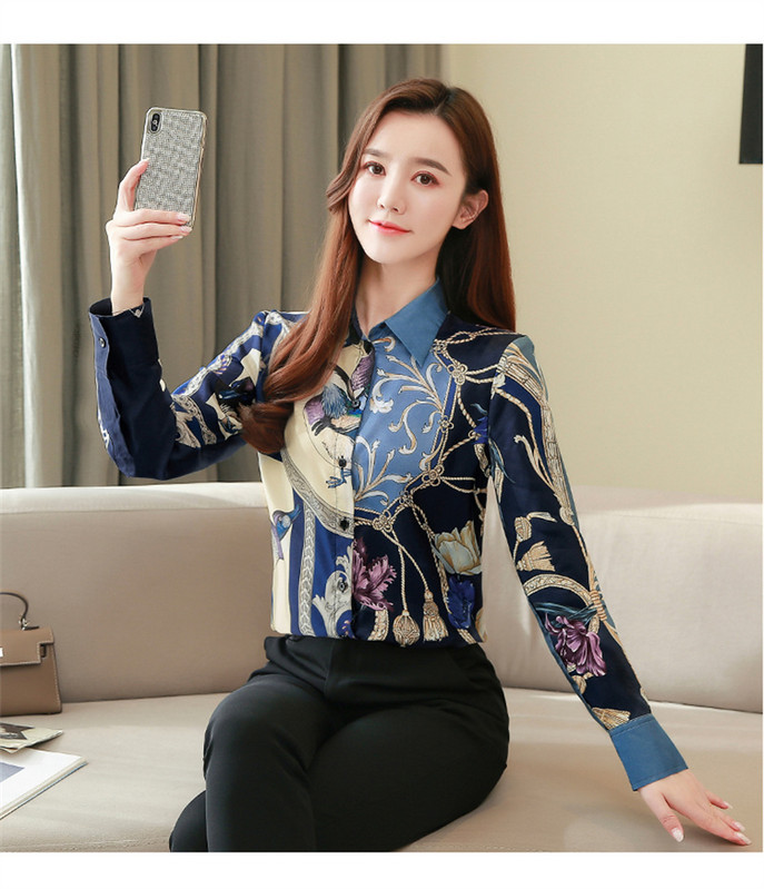 FANIECES S-3XL 블라우스 blusa mujer Női barokk ingek Blúzok Elegáns vintage nyomott elegáns blúz tavaszi hosszú ujjú felsők 6106
