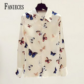 FANIECES S-4XL قمصان وبلوزات Női felsők Blúzok Sárgabarack Butterfly Print Alkalmi hosszú ujjú irodai női OL Ingek Slim Blusas6176