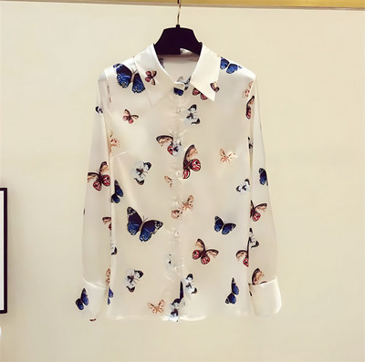 FANIECES S-4XL قمصان وبلوزات Női felsők Blúzok Sárgabarack Butterfly Print Alkalmi hosszú ujjú irodai női OL Ingek Slim Blusas6176