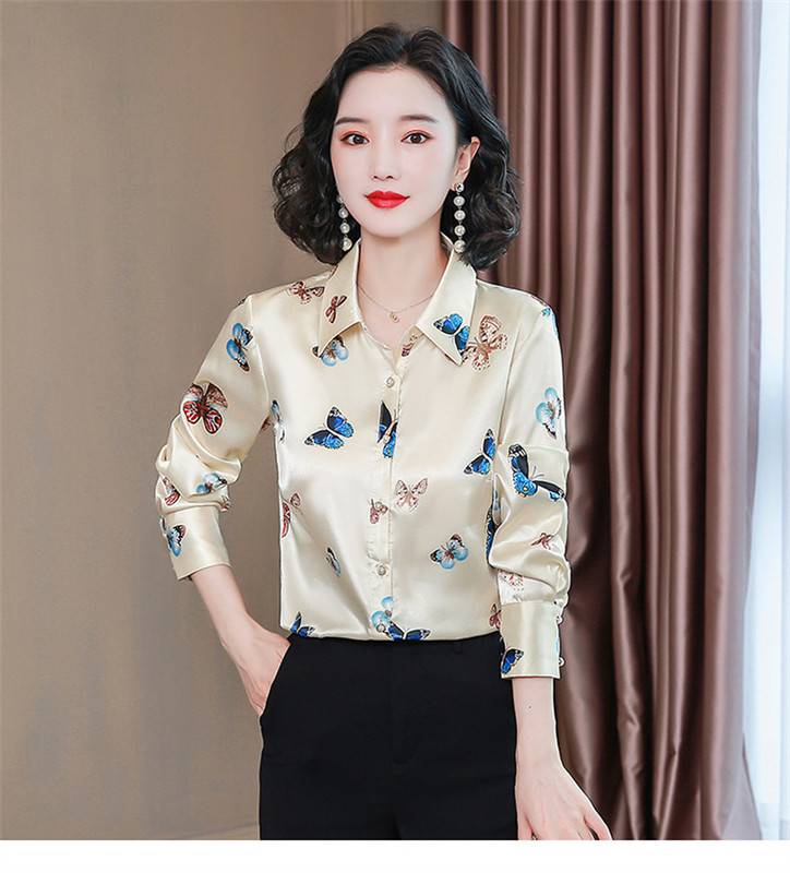 FANIECES S-4XL قمصان وبلوزات Női felsők Blúzok Sárgabarack Butterfly Print Alkalmi hosszú ujjú irodai női OL Ingek Slim Blusas6176