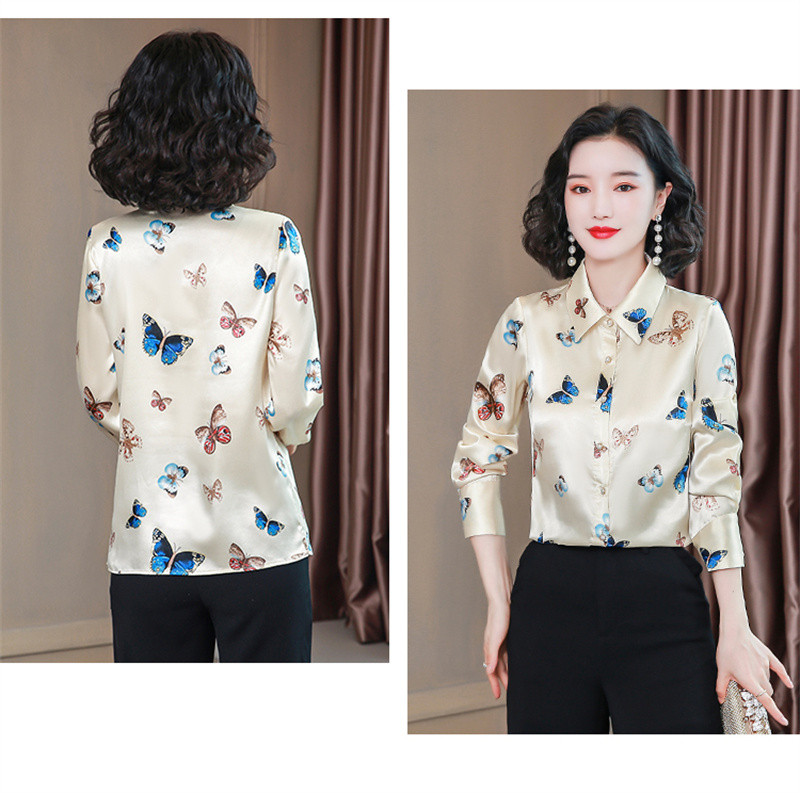 FANIECES S-4XL قمصان وبلوزات Női felsők Blúzok Sárgabarack Butterfly Print Alkalmi hosszú ujjú irodai női OL Ingek Slim Blusas6176