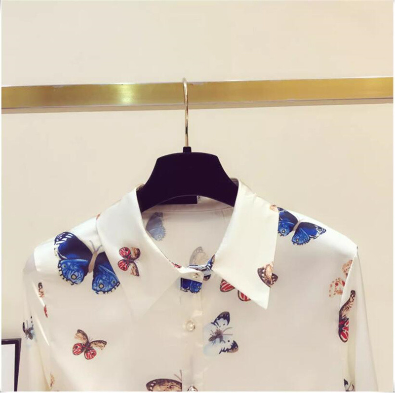 FANIECES S-4XL قمصان وبلوزات Női felsők Blúzok Sárgabarack Butterfly Print Alkalmi hosszú ujjú irodai női OL Ingek Slim Blusas6176