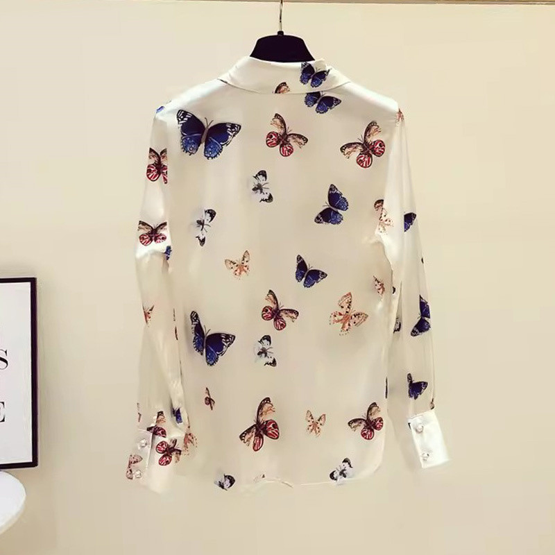 FANIECES S-4XL قمصان وبلوزات Női felsők Blúzok Sárgabarack Butterfly Print Alkalmi hosszú ujjú irodai női OL Ingek Slim Blusas6176