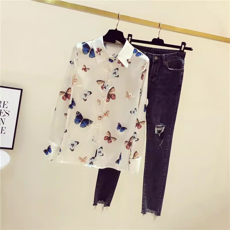 FANIECES S-4XL قمصان وبلوزات Női felsők Blúzok Sárgabarack Butterfly Print Alkalmi hosszú ujjú irodai női OL Ingek Slim Blusas6176