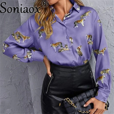 Elegáns stílusú, tigrismintás póló, női hajtóka, hosszú ujjú, egysoros kardigán felsők női ingázó bő blúz nagy méretű