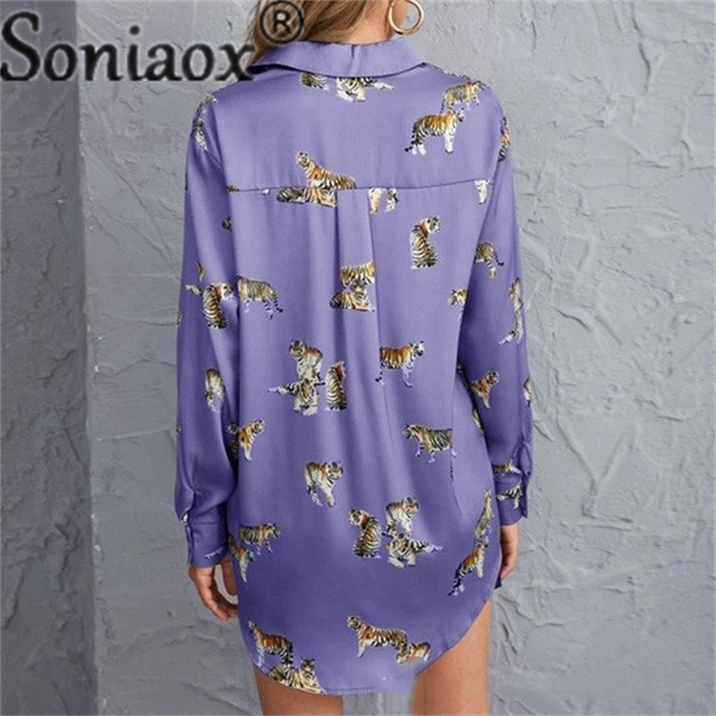 Elegáns stílusú, tigrismintás póló, női hajtóka, hosszú ujjú, egysoros kardigán felsők női ingázó bő blúz nagy méretű
