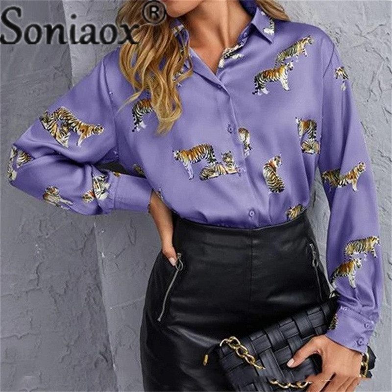 Elegáns stílusú, tigrismintás póló, női hajtóka, hosszú ujjú, egysoros kardigán felsők női ingázó bő blúz nagy méretű