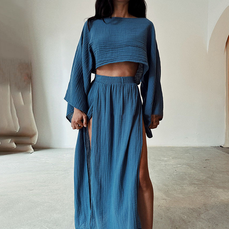 Vaba vabaaja täis puuvillane linane 2-osalised komplektid Kevad O kaelusega kärbitud ülaosa kõrge vöökohaga, lõhikuga naiste seelik, suvine varrukas õõnes ülikond