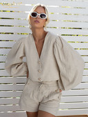 Clacive Casaul lahtised Khaki linased 2-osalised komplektid naiste komplekt 2024 moodne pikkade varrukatega särk kõrge vöökohaga lühikeste pükstega naistele