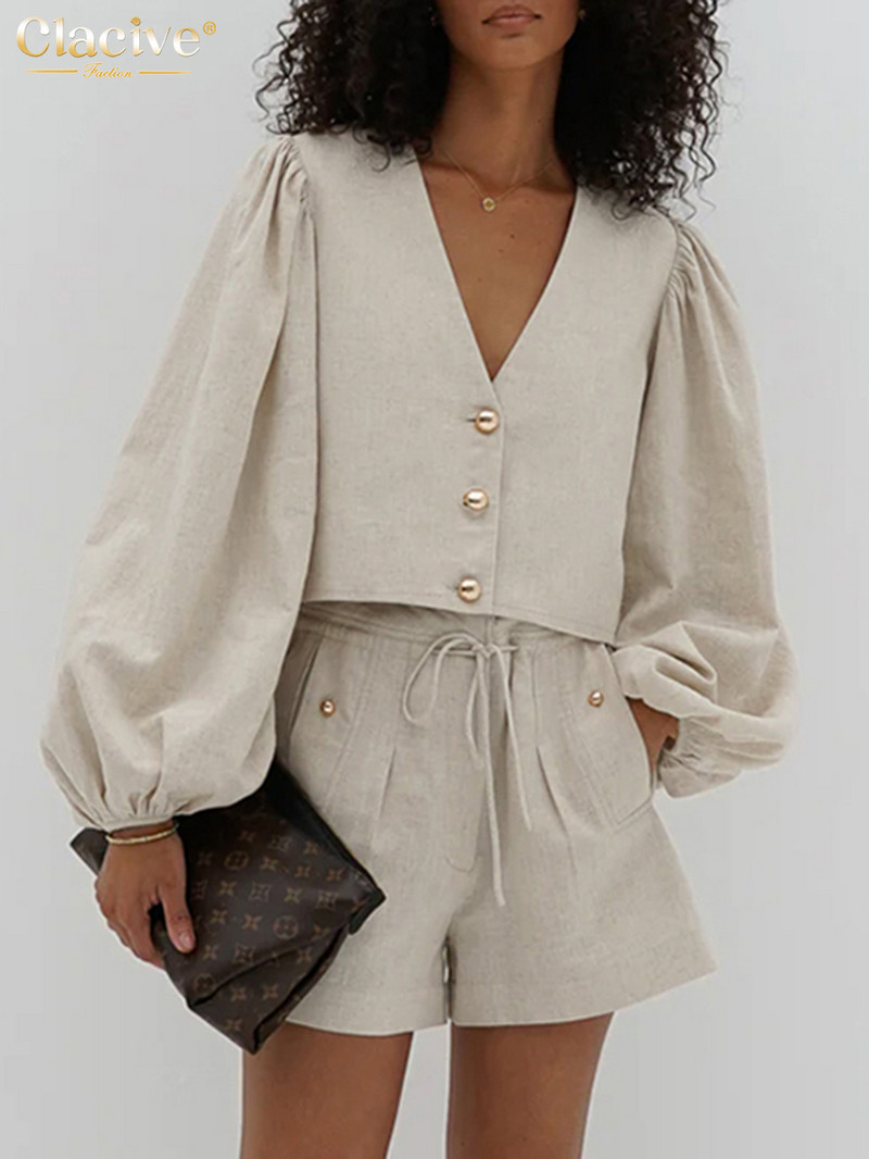 Clacive Casaul brīvi haki krāsas lina 2 gabalu komplekti sieviešu apģērbs 2024. gada modes krekls ar garām piedurknēm ar augstu jostasvietu sieviešu šortu komplekts