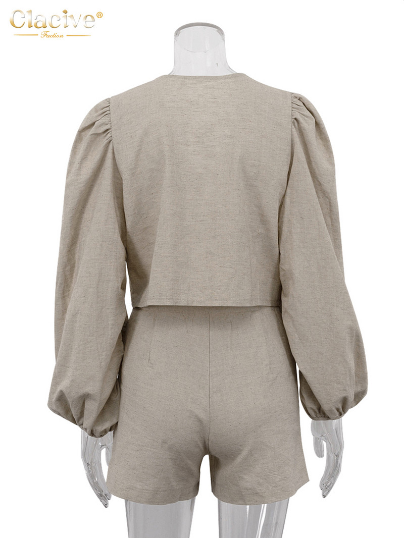 Clacive Casaul brīvi haki krāsas lina 2 gabalu komplekti sieviešu apģērbs 2024. gada modes krekls ar garām piedurknēm ar augstu jostasvietu sieviešu šortu komplekts