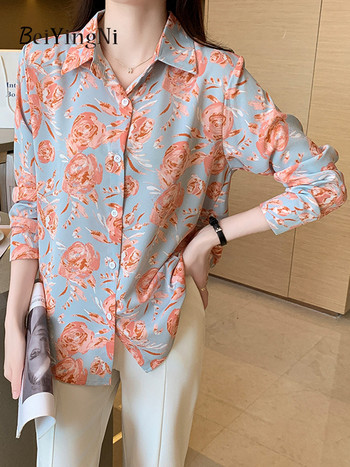 Beiyingni 2024 Пролет Лято Дамски Blusas Елегантни ризи с дълъг ръкав с принт на розови цветя Дамски ежедневни шик едноредни горнища