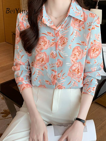 Beiyingni 2024 Пролет Лято Дамски Blusas Елегантни ризи с дълъг ръкав с принт на розови цветя Дамски ежедневни шик едноредни горнища