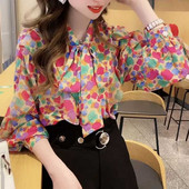 Divat nyomtatott, összefűzött fodros fűzős masnis ingek női ruházat 2024 tavaszi új bő koreai felsők pillangós ujjú blúzok