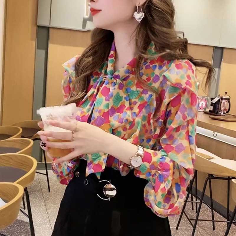 Divat nyomtatott, összefűzött fodros fűzős masnis ingek női ruházat 2024 tavaszi új bő koreai felsők pillangós ujjú blúzok