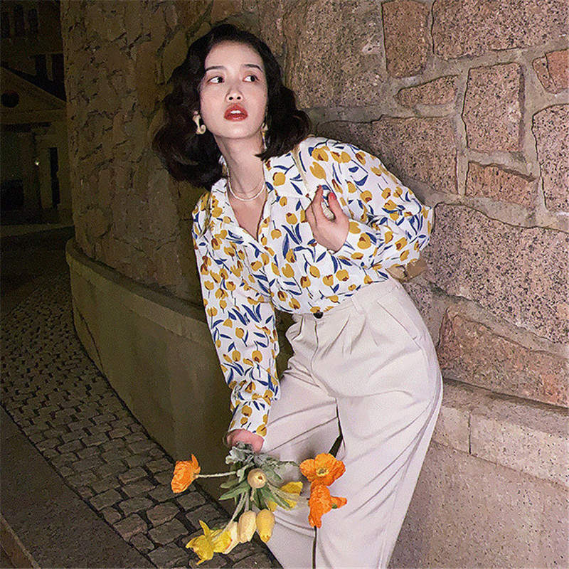 2022. őszi tavaszi női bő ing tulipán nyomott blúzok nőknek hosszú ujjú sifon felső női ruhák női alaping