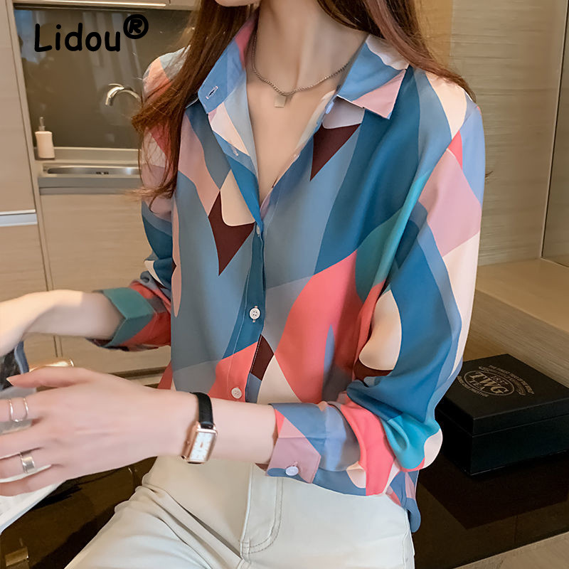 Retro Elegáns Elegáns Print Office Lady All Match Button Up ing Divat ingázás, hosszú ujjú karcsú felsők Blúzok Női ruházat