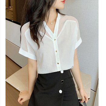 Пролет Есен Ежедневна модна мрежеста пачуърк риза с къс ръкав Дамска едноцветна шифонена блуза с V-образно деколте Дамска елегантна горна част с копчета