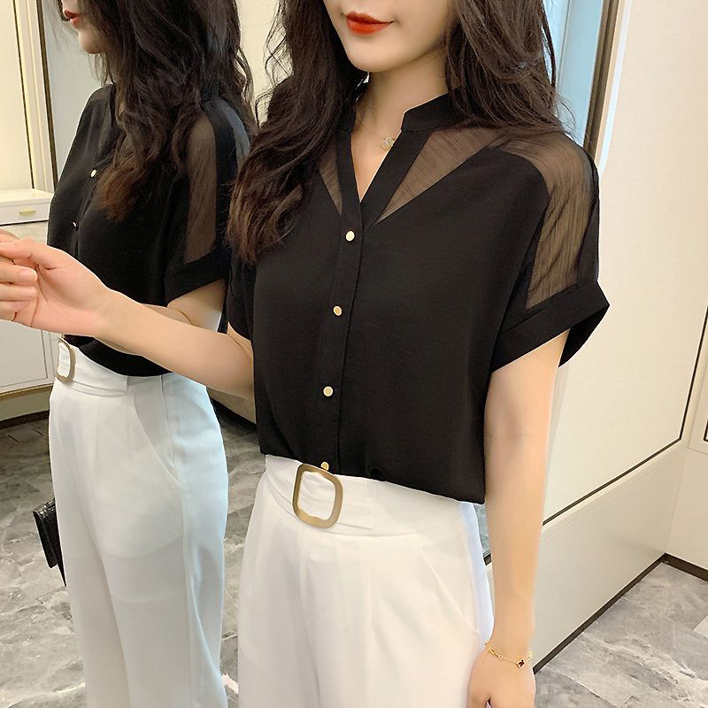 Cămașă cu mânecă scurtă de primăvară, toamnă, ocazională, din plasă, mozaic, bluză din șifon, cu decolteu în V, pentru femei, cu nasturi elegante, de sus