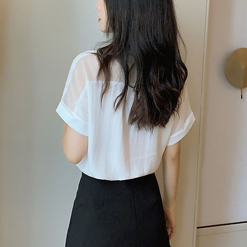 Cămașă cu mânecă scurtă de primăvară, toamnă, ocazională, din plasă, mozaic, bluză din șifon, cu decolteu în V, pentru femei, cu nasturi elegante, de sus