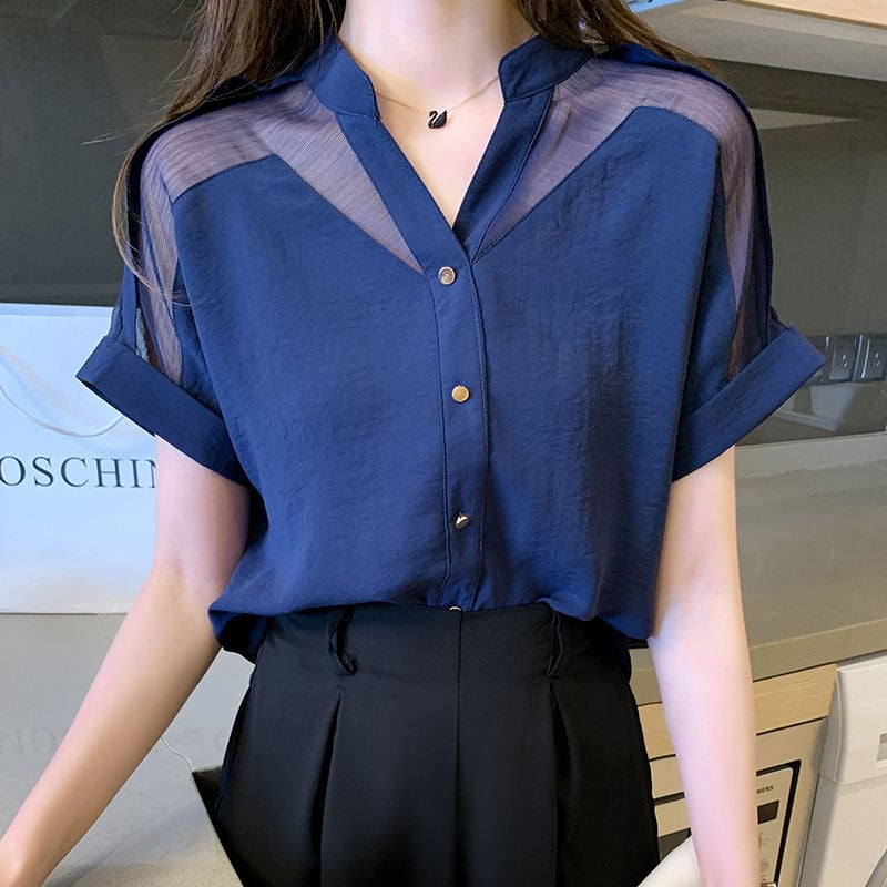 Cămașă cu mânecă scurtă de primăvară, toamnă, ocazională, din plasă, mozaic, bluză din șifon, cu decolteu în V, pentru femei, cu nasturi elegante, de sus