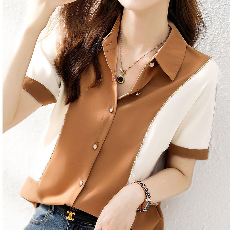 Office Lady Stílusos kontrasztos színek Patchwork ing nyári elegáns egysoros női ruházat lehajtható galléros blúz