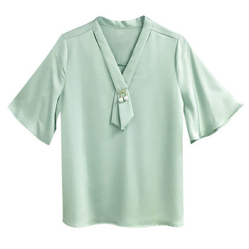 Лятна нова, сладка едноцветна свободна младежка блуза с V-образно деколте и къс ръкав Универсална риза Горнища Темперамент Модни дамски дрехи