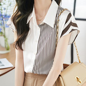 2023. gada jauns vasaras temperaments, svītrains šifona polo-kakla krekli ar īsām piedurknēm. Sieviešu modes pogas, brīvas blūzes, sieviešu apģērba topi