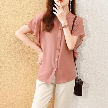 Елегантна едноцветна широка блуза с едноредно закопчаване Дамска класическа лятна О-яка с къс ръкав Офис универсална дамска шифонена риза