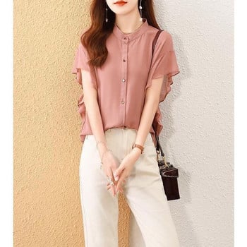 Елегантна едноцветна широка блуза с едноредно закопчаване Дамска класическа лятна О-яка с къс ръкав Офис универсална дамска шифонена риза
