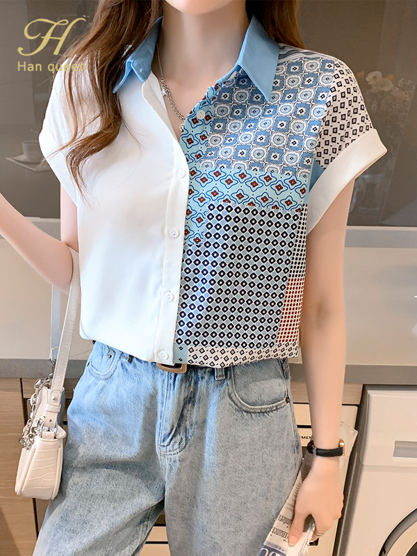 H Han Queen Uus riietus Töö Naiste pluusid Colorblock Print Lihtne särk Suvetopsid Korea vabaaja pluus Amet Naiste pluusid