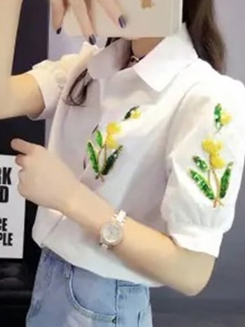 Летни офис дами с флорални бродерии Корейски модни дамски блузи 2022 г. Свободни ежедневни топове с половин ръкав Елегантни копчета Нова риза