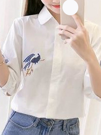 Летни офис дами с флорални бродерии Корейски модни дамски блузи 2022 г. Свободни ежедневни топове с половин ръкав Елегантни копчета Нова риза